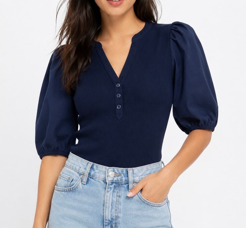 Madewell Puff-Sleeve Henley Knit Top Navy Blue Ribbed XS NWT Minimalist